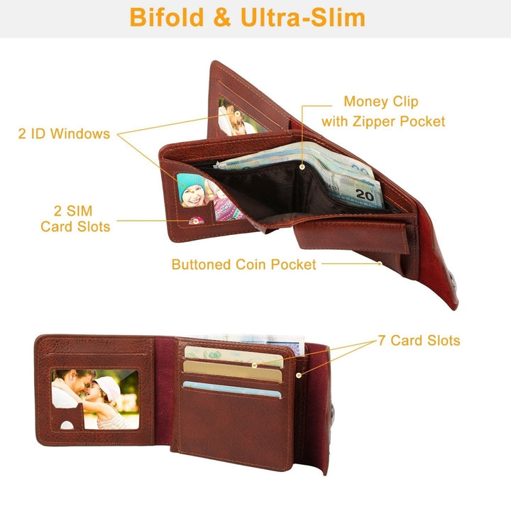 Mens Wallet PU Leather Bifold Purse Slim RFID Blocking Card Holder Cases with 2 ID Window Coin Pocket Image 4