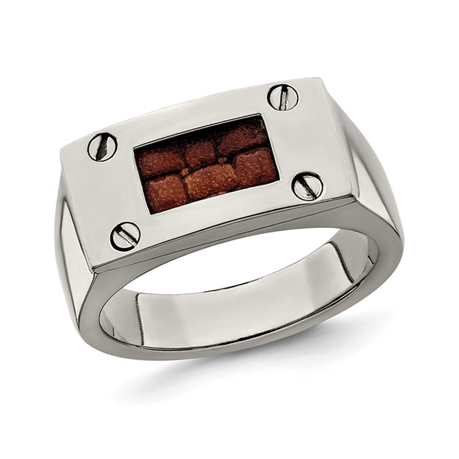 Mens Titanium Ring with Brown Leather Insert Image 1