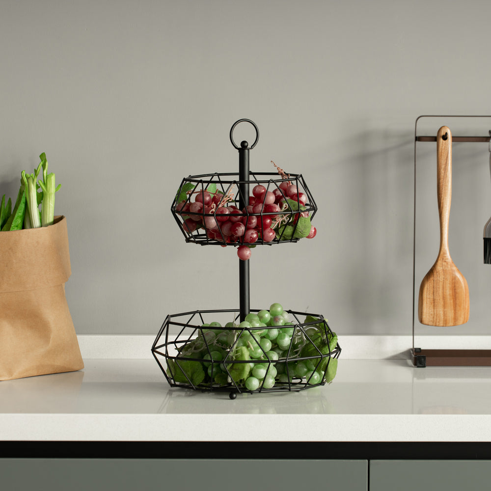 2 Tier Free Standing Countertop Fruit Basket for Kitchen Detachable Carbon Steel Stable Fruit Storage OrganizerBlack Image 2