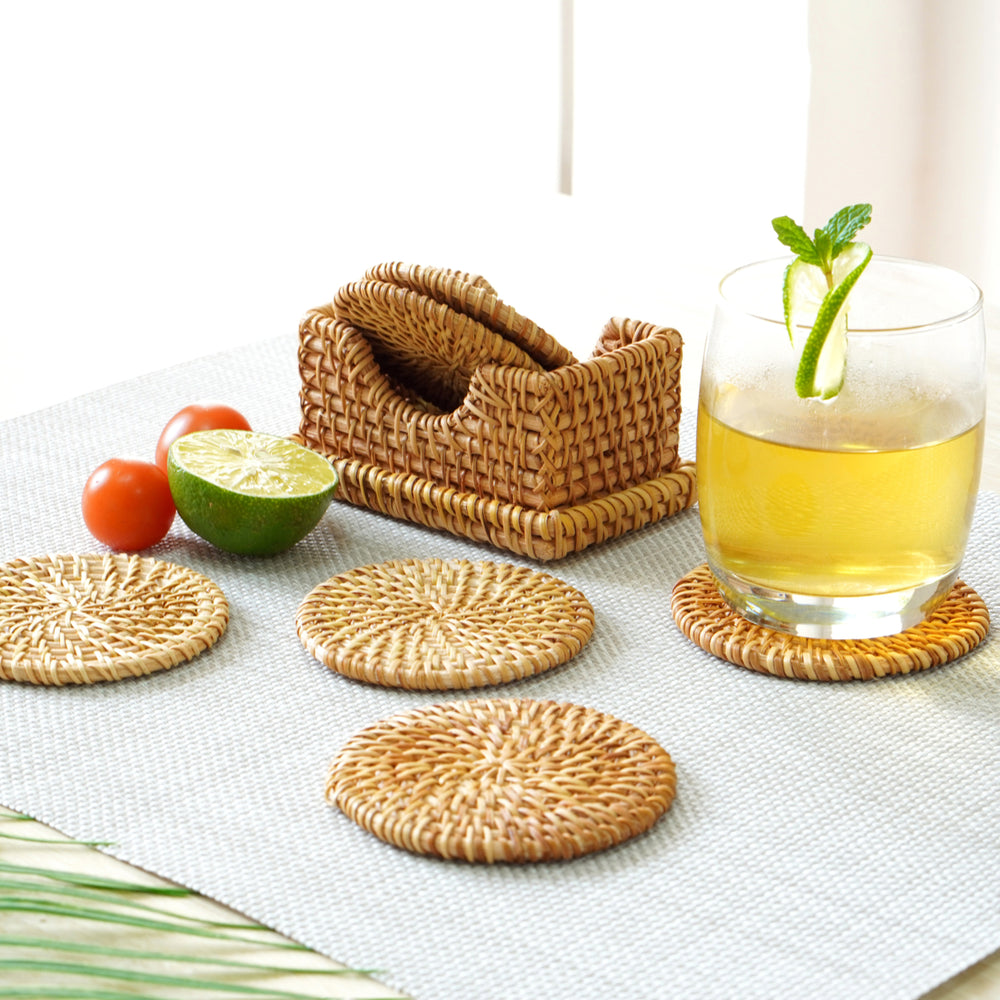 Honey Brown Set of 6 Round Natural Rattan Placemats with Rectangular Holder Image 2