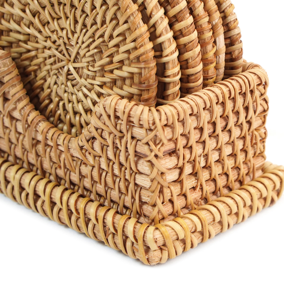 Honey Brown Set of 6 Round Natural Rattan Placemats with Rectangular Holder Image 6