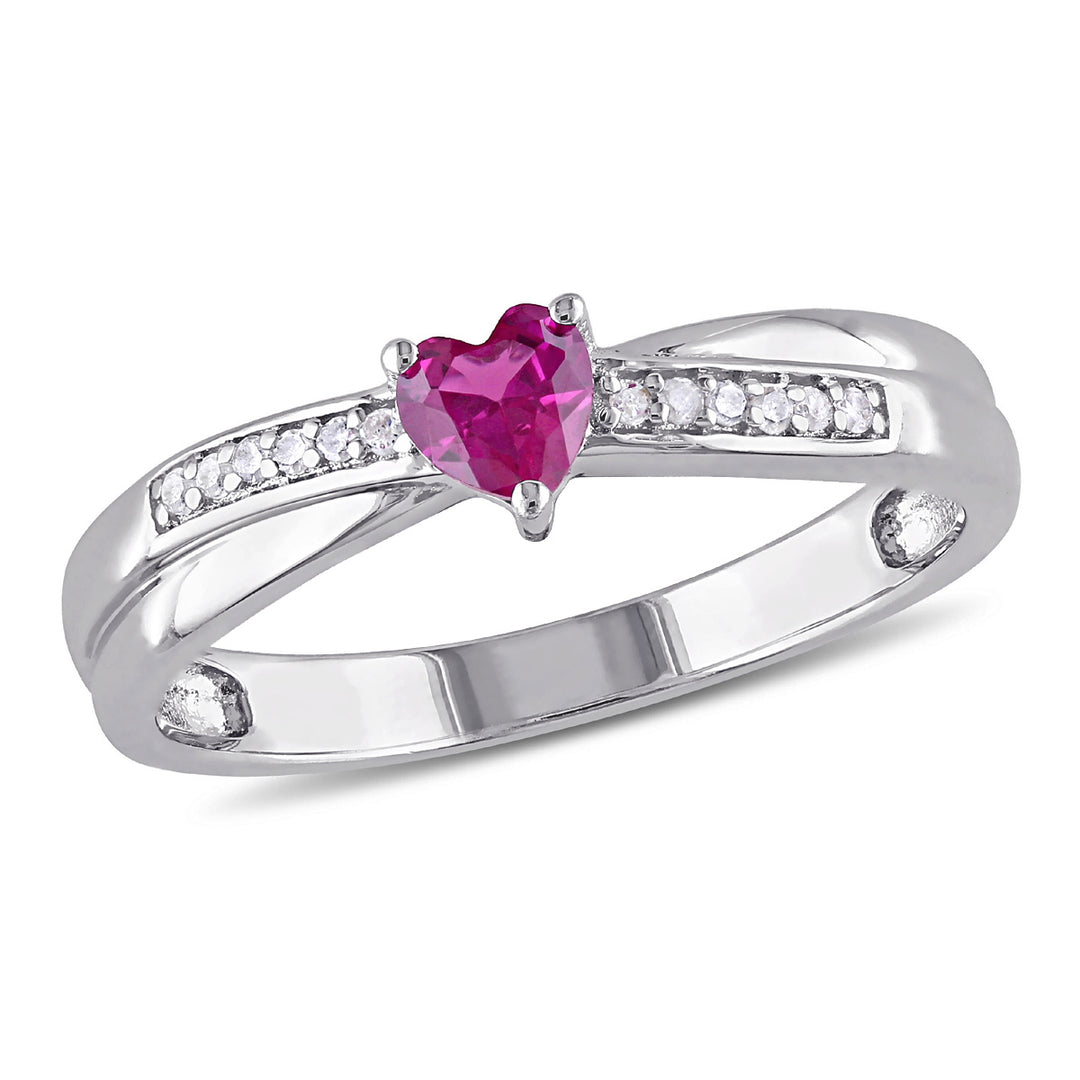 1/3 Carat (ctw) Lab-Created Ruby Heart Ring in Sterling Silver with Accent Diamonds Image 1