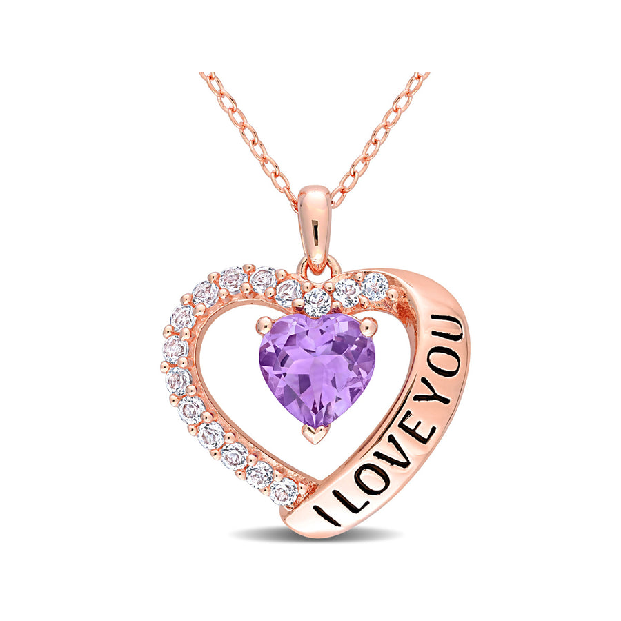 1.65 Carat (ctw) Amethyst and White Topaz - I Love You - Heart Pendant Necklace in Rose Plated Sterling Silver with Image 1