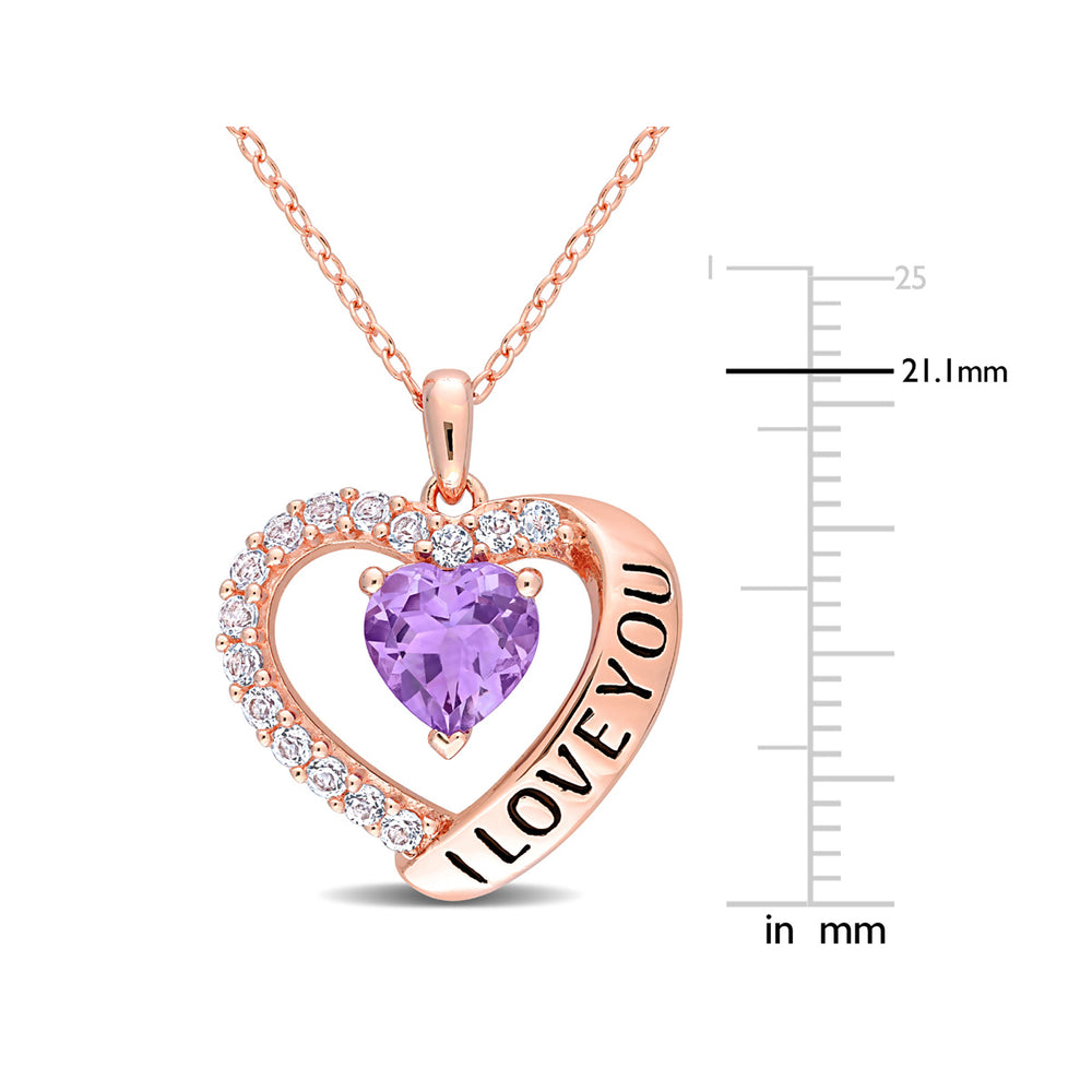 1.65 Carat (ctw) Amethyst and White Topaz - I Love You - Heart Pendant Necklace in Rose Plated Sterling Silver with Image 2