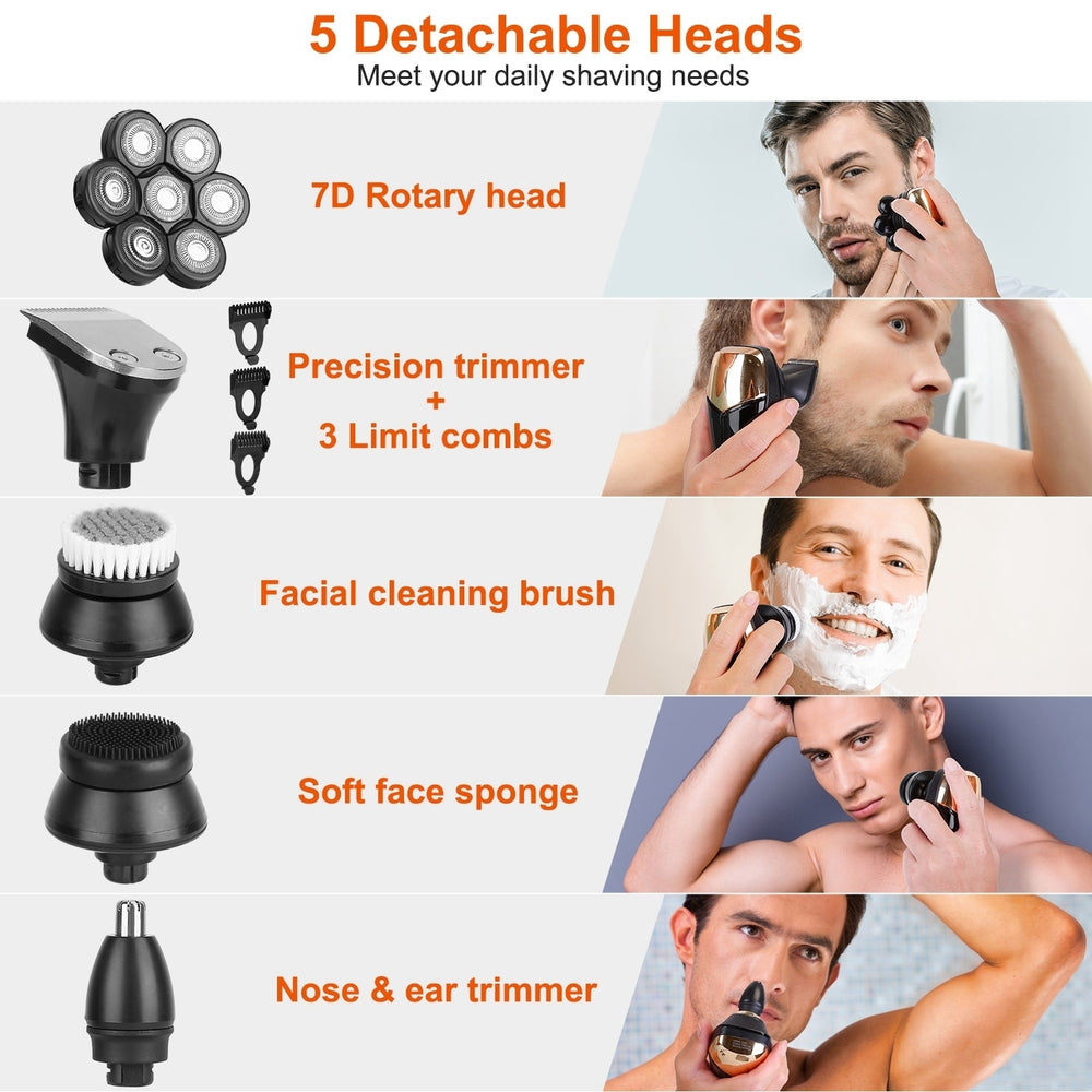 5 In 1 Electric Rotary Razor for Bald Men Rechargeable Cordless Head Beard Trimmer Shaver Kit IPX6 Waterproof Image 2