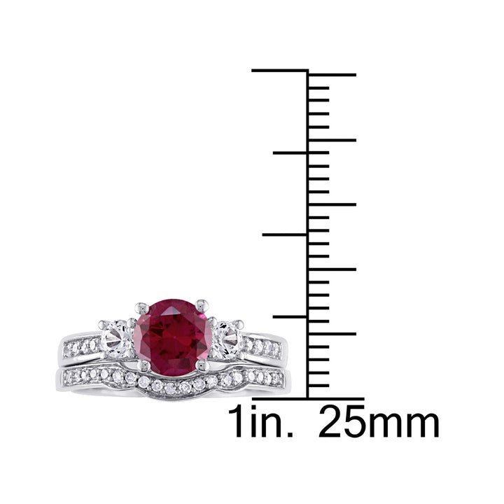 1 1/3 Carat (ctw) Lab-Created Ruby and White Sapphire with Diamond Bridal Wedding Set Engagement Ring 10K White Gold Image 4