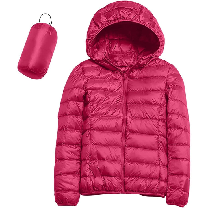 Womens Casual Lightweight Hooded Down Jacket Packable Puffer Coats Ultra Light Weight Short Down Jacket with Storage Bag Image 1