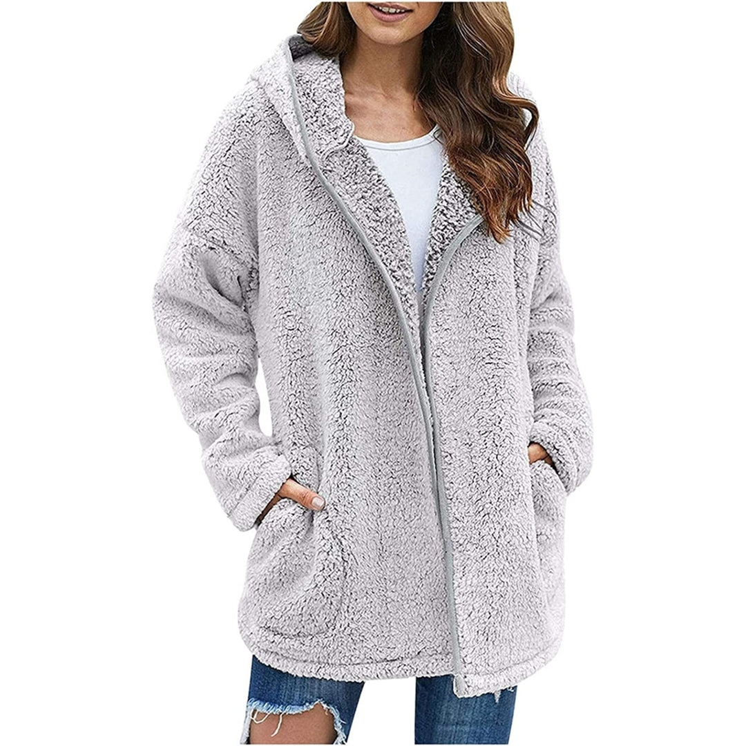 Womens Winter Coats Plus Size Fleece Jacket Long Sleeve Hooded Cardigan Sweatshirts Open Front Lapel Outerwears Image 7