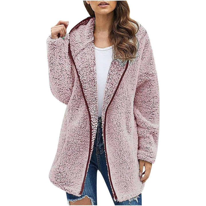 Womens Winter Coats Plus Size Fleece Jacket Long Sleeve Hooded Cardigan Sweatshirts Open Front Lapel Outerwears Image 9