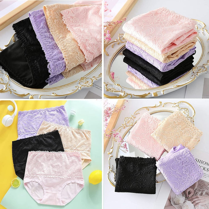 Women High Waisted Polyester Underwear Lace Soft Breathable Full Coverage Stretch Briefs Ladies Plus Size Panties 4-Pack Image 4