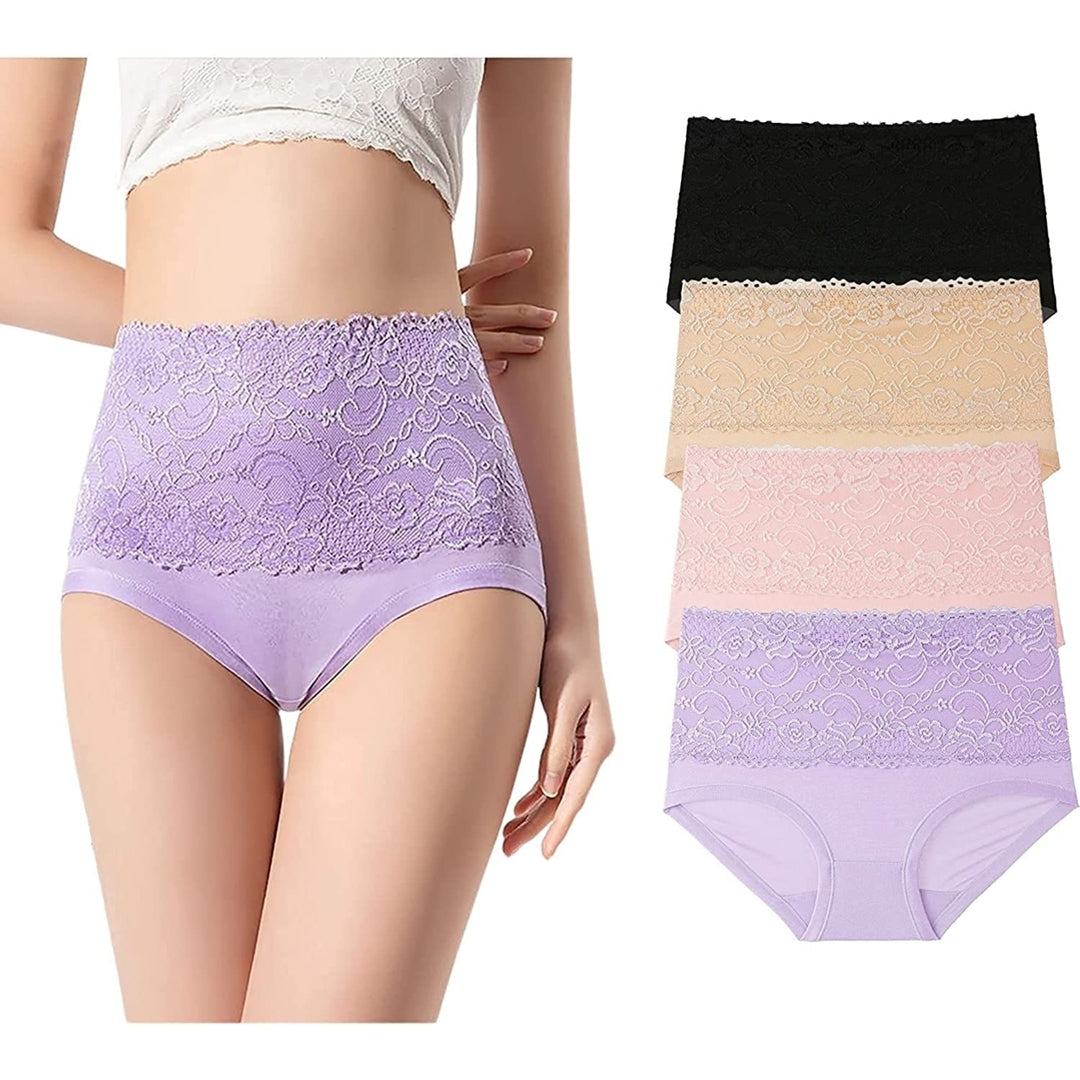 Women High Waisted Polyester Underwear Lace Soft Breathable Full Coverage Stretch Briefs Ladies Plus Size Panties 4-Pack Image 7
