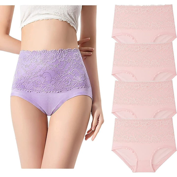 Women High Waisted Polyester Underwear Lace Soft Breathable Full Coverage Stretch Briefs Ladies Plus Size Panties 4-Pack Image 8