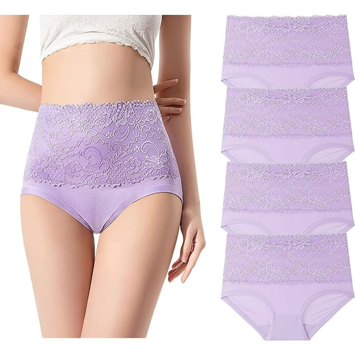 Women High Waisted Polyester Underwear Lace Soft Breathable Full Coverage Stretch Briefs Ladies Plus Size Panties 4-Pack Image 1