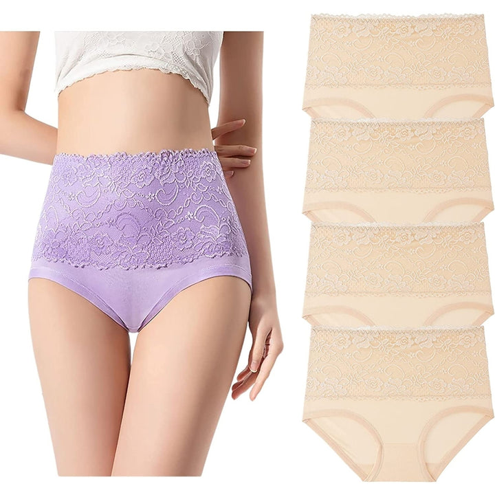 Women High Waisted Polyester Underwear Lace Soft Breathable Full Coverage Stretch Briefs Ladies Plus Size Panties 4-Pack Image 1