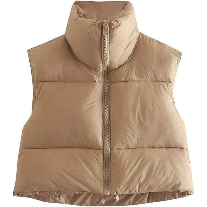 Womens Zipper Cropped Puffer Vest Lightweight Sleeveless Warm Outerwear Puffer Vest Padded Gilet Image 1