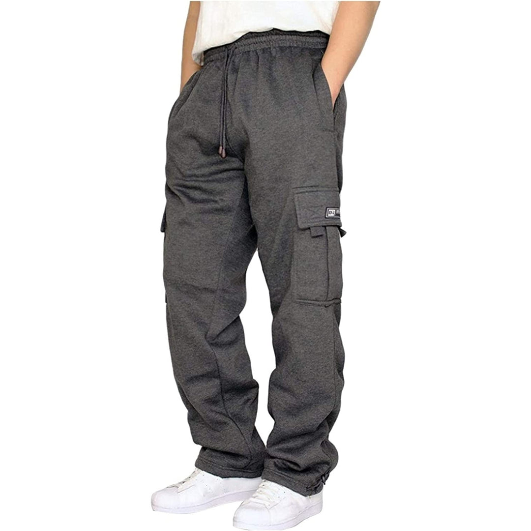 Mens Heavyweight Cargo Fleece Sweatpants Stretch Elastic Waist Jogger Sports Pants Drawstring Sports Trousers Image 4