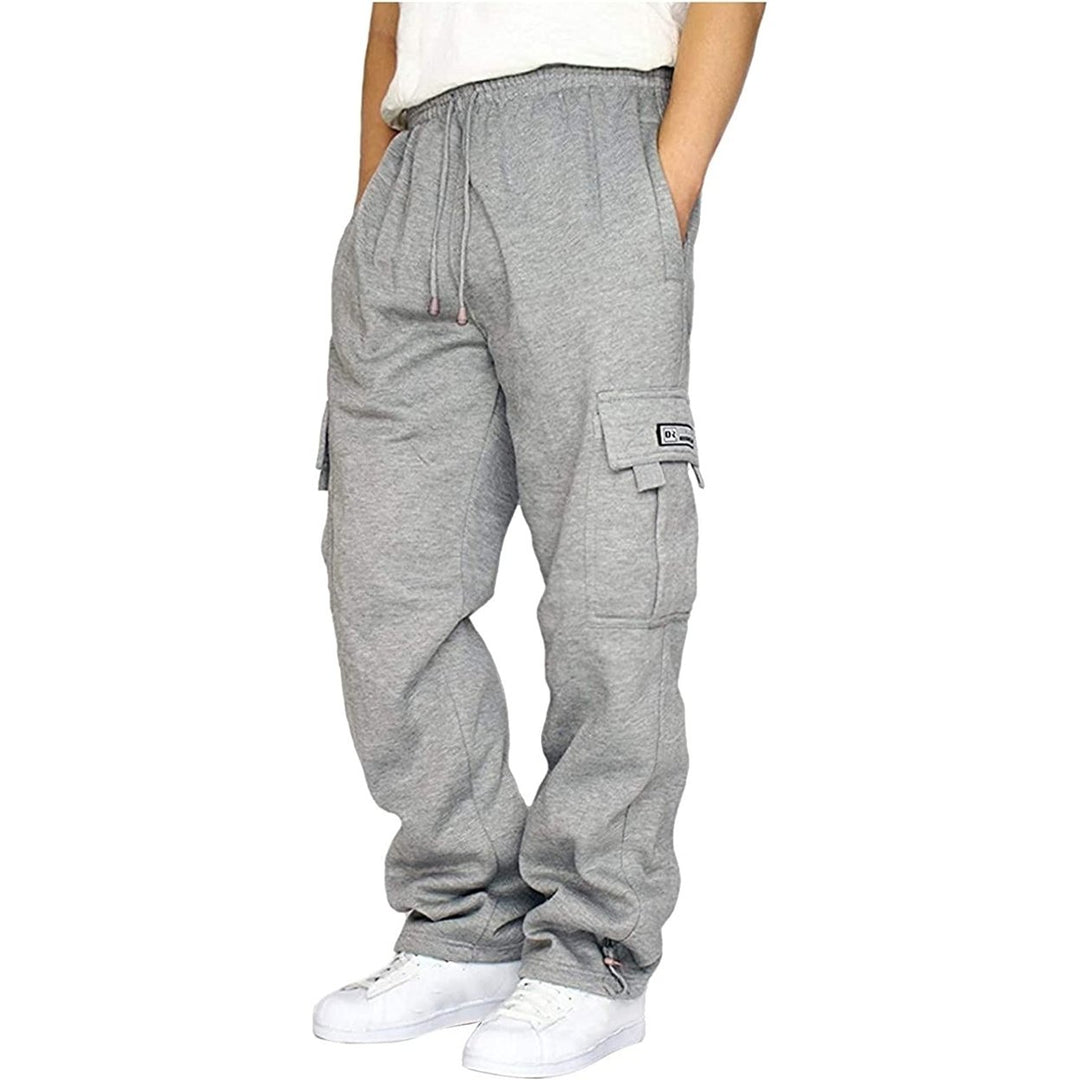 Mens Heavyweight Cargo Fleece Sweatpants Stretch Elastic Waist Jogger Sports Pants Drawstring Sports Trousers Image 1