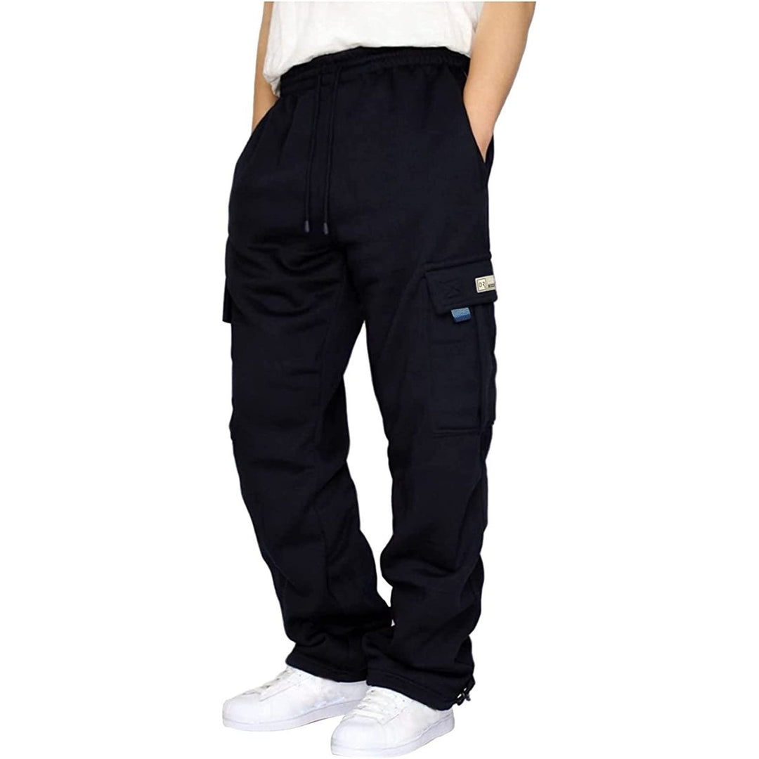 Mens Heavyweight Cargo Fleece Sweatpants Stretch Elastic Waist Jogger Sports Pants Drawstring Sports Trousers Image 1