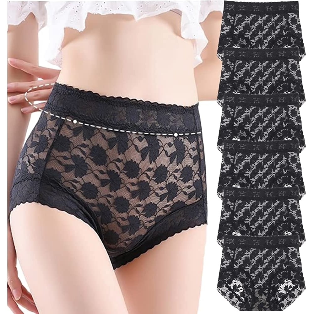 Womens French Ice Silk Lace Belly Panties High Waisted Ladies Briefs Sexy Underwear for Women 6-Pack Image 1