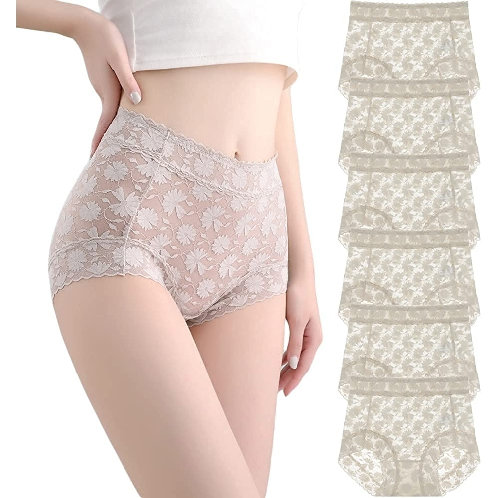 Womens French Ice Silk Lace Belly Panties High Waisted Ladies Briefs Sexy Underwear for Women 6-Pack Image 9