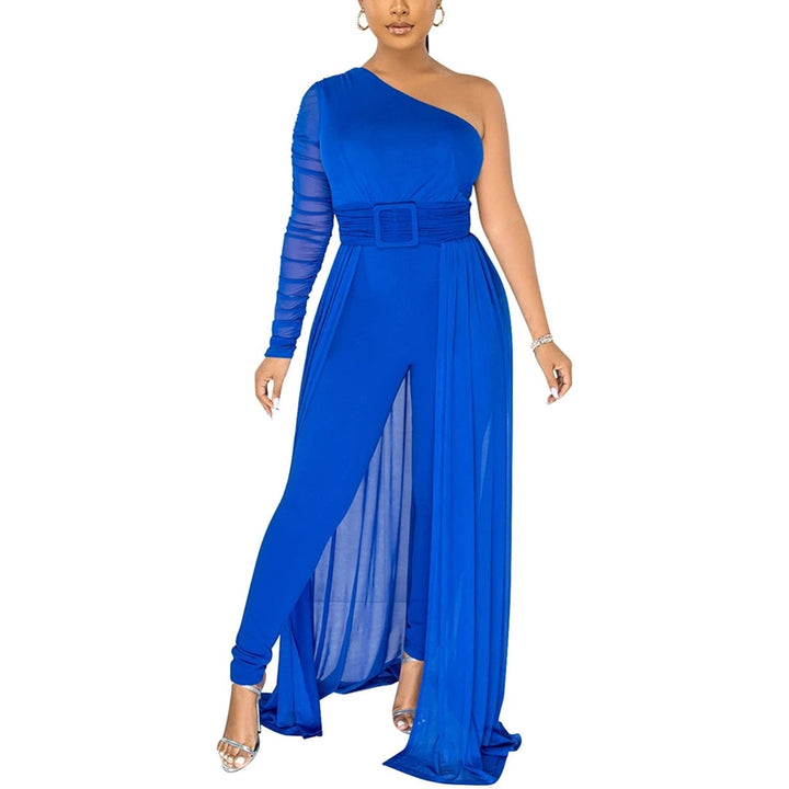 Women One Shoulder Jumpsuits Sexy High Waist Sheer Mesh Overlay Bodycon One Piece Rompers Image 7