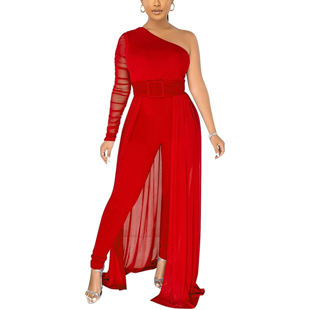 Women One Shoulder Jumpsuits Sexy High Waist Sheer Mesh Overlay Bodycon One Piece Rompers Image 8