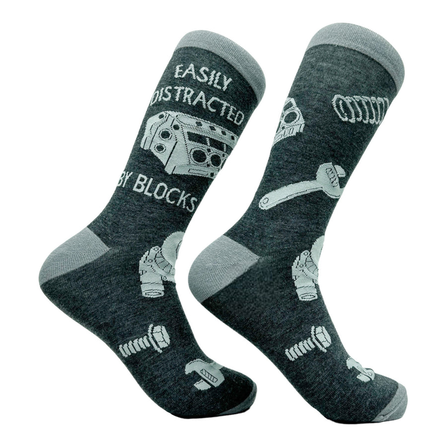 Mens Easily Distracted By Blocks Socks Funny Car Mechanic Engine Lovers Image 1