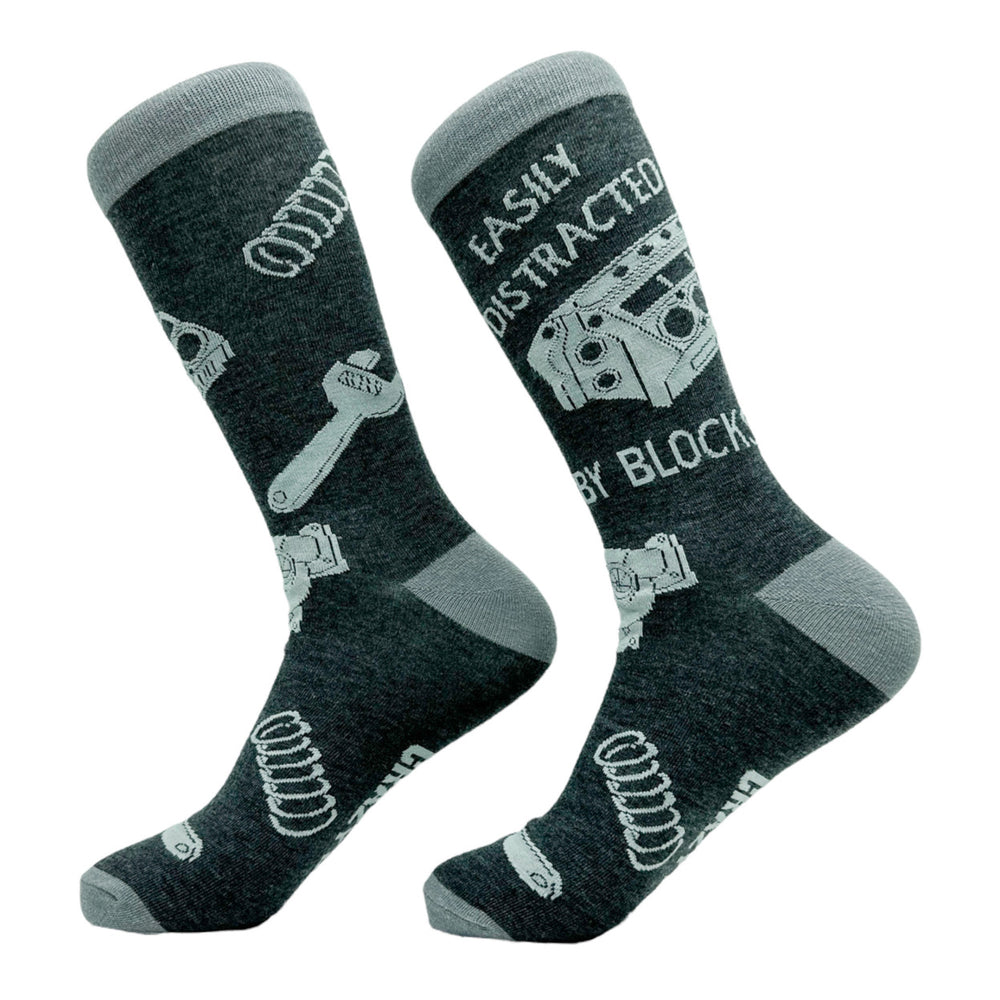 Mens Easily Distracted By Blocks Socks Funny Car Mechanic Engine Lovers Image 2