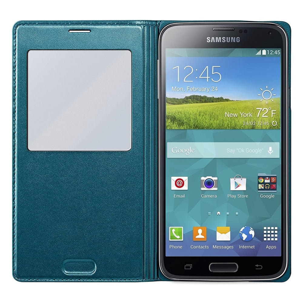 Samsung S-View Flip Cover For Galaxy S5 Green ID Chip Case Folio Front Window Sleek Stylish EF-CG900BGESTA Image 2