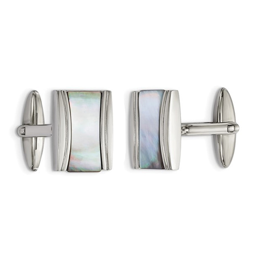 Stainless Steel Polished Rectangle Cuff Links with Mother of Pearl Image 1