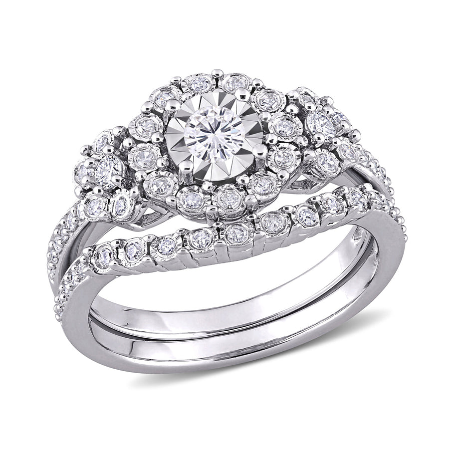 1/2 Carat (ctw) Diamond Engagement Bridal Ring and Wedding Band Set in Sterling Silver Image 1
