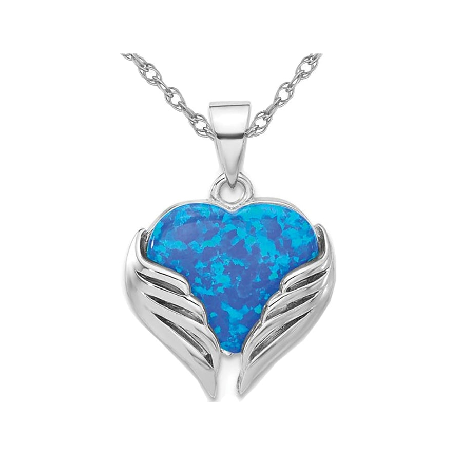 Lab-Created Blue Opal Heart with Wings Pendant Necklace in Sterling Silver with Chain Image 1