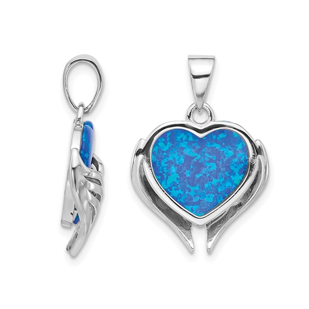 Lab-Created Blue Opal Heart with Wings Pendant Necklace in Sterling Silver with Chain Image 2