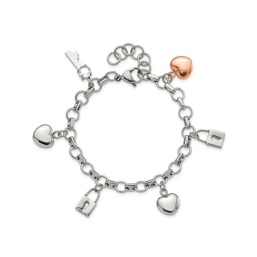 Stainless Steel HeartLock and Key Charm Bracelet (8.5 Inches) Image 1