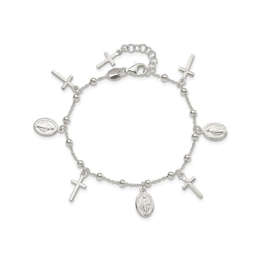 Sterling Silver Cross Miraculous Medal Charm Bracelet (6.25 Inches) Image 1