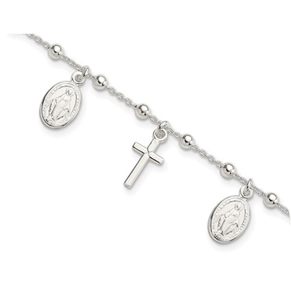 Sterling Silver Cross Miraculous Medal Charm Bracelet (6.25 Inches) Image 2