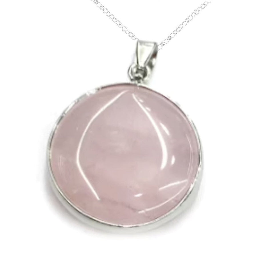 1 1/2 inch Real Rose Quartz Round Necklace Pendant On 24" Silver Rolo Chain JL755 Image 1
