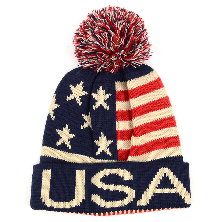 Old School USA Hockey Team Beanie1980 Unisex American Flag Knit Pom Beanie Ski Hats Image 1