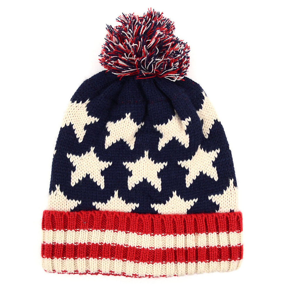 Kids Old School Unisex American Flag Knit Pom Beanie Ski Hats with Stars Red White and Blue Kids Winter Hat Image 2