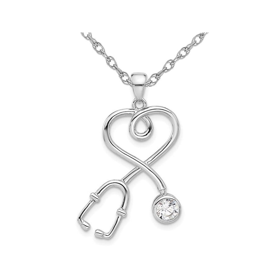 Stethoscope Charm Pendant Necklace in Sterling Silver with Cubic Zirconia (CZ) and Chain Image 1
