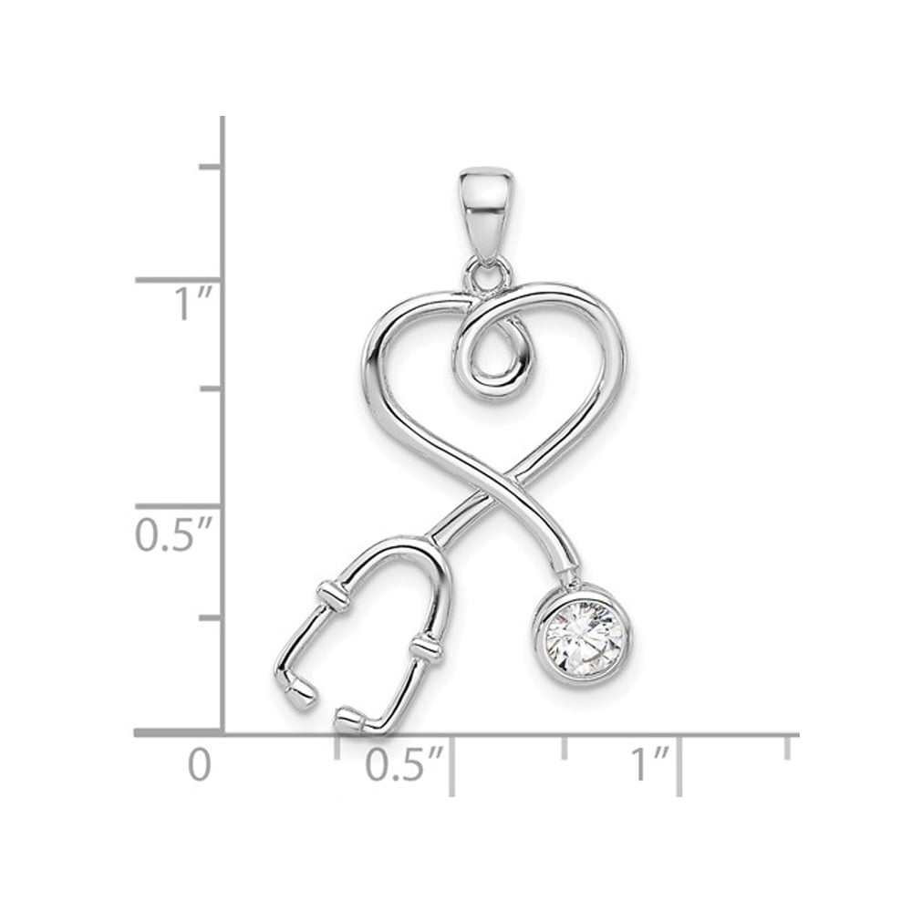 Stethoscope Charm Pendant Necklace in Sterling Silver with Cubic Zirconia (CZ) and Chain Image 2