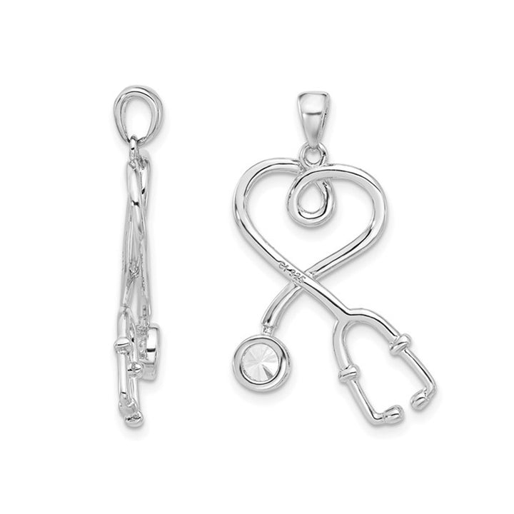 Stethoscope Charm Pendant Necklace in Sterling Silver with Cubic Zirconia (CZ) and Chain Image 3