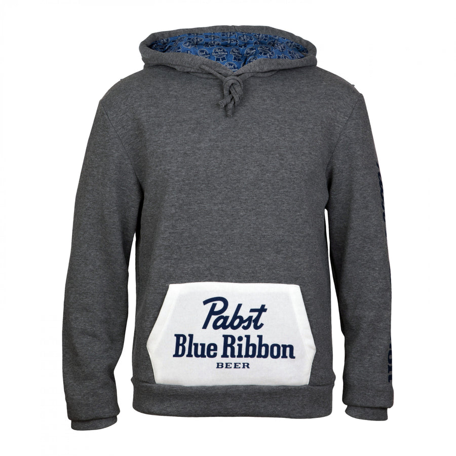 Pabst Blue Ribbon Logo Charcoal Pocket Hoodie with Inside Pattern Image 1