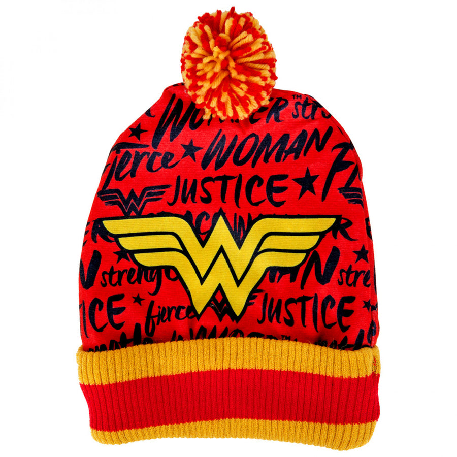 DC Comics Wonder Woman Symbol and Attributes Print Pom Cuff Beanie Image 1
