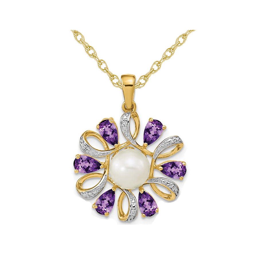 1.50 Carat (ctw) Amethyst Flower Pearl Pendant Necklace in 14K Yellow Gold with Chain Image 1