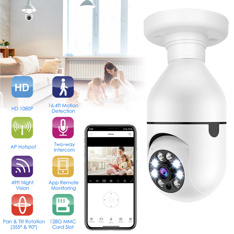 E27 WiFi Bulb Camera 1080P FHD WiFi IP Pan Tilt Security Surveillance Camera with Two-Way Audio Night Vision Motion Image 1
