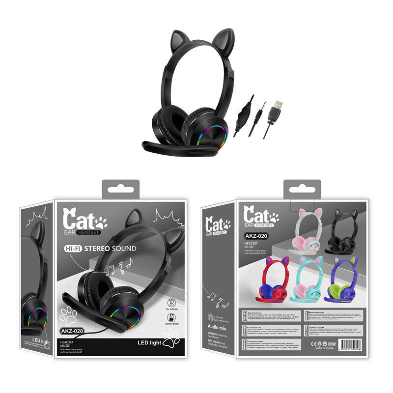 Wired Headphones Stereo Super Bass 40MM Drivers Earphone Luminous Foldable Head-Mounted Cute Cat Ear Gaming Headset with Image 2