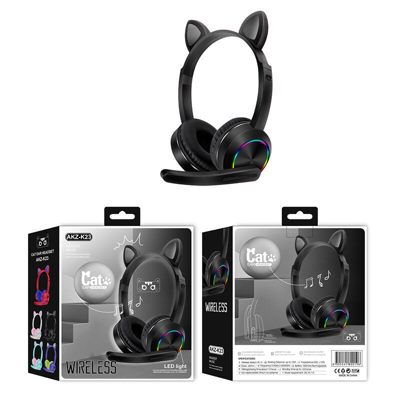 Wireless bluetooth Headphones Stereo Bass 40MM Dynamic Earphone Luminous Cartoon Cute Cat Ear Headset with Mic Image 2