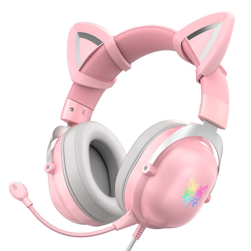 Wired Headset Stereo Gaming Headphone Cat Ear Cute RGB Luminous 3.5mm Wired Adjustable Over-Ear Headphone with Mic Image 1