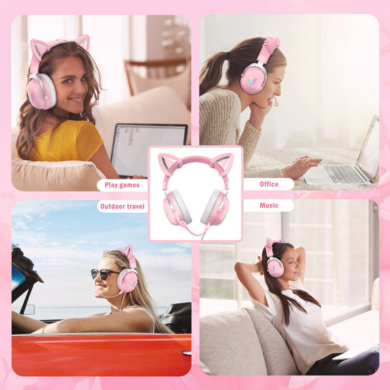 Wired Headset Stereo Gaming Headphone Cat Ear Cute RGB Luminous 3.5mm Wired Adjustable Over-Ear Headphone with Mic Image 2